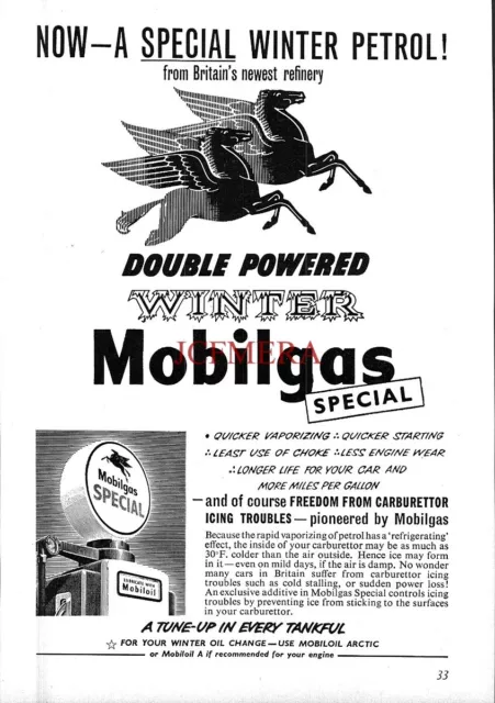 MOBILGAS Winter Petrol Pump Pegasus ADVERT Vintage Original 1954 Print Ad 164/52