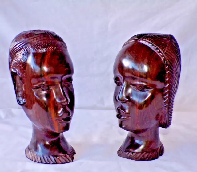 Decorative Pair of Exceptional Hand Carved Wooden African Bust's Male & Female