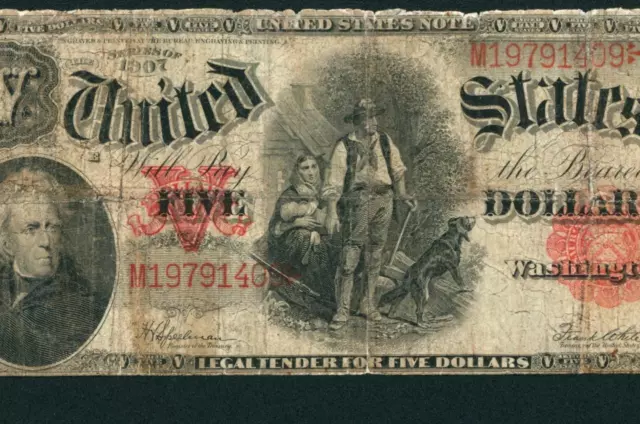 $5 1907 United States Note ** Legal Tender ** Woodchopper ** PAPER CURRENCY