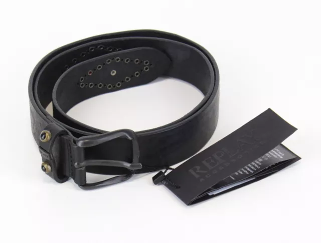 REPLAY 90 CM Men Belt Studded Plain Black Pure Leather Metal Buckle Casual