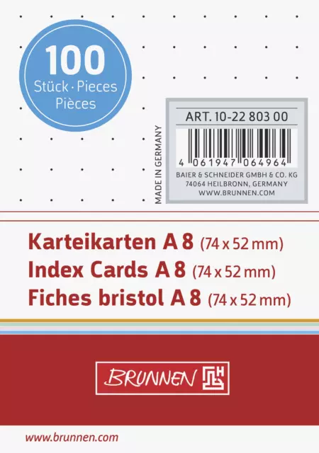 BRUNNEN 10-2280300 Karteikarten Karteikarton 180 g/m² A8 quer dotted weiß NEU