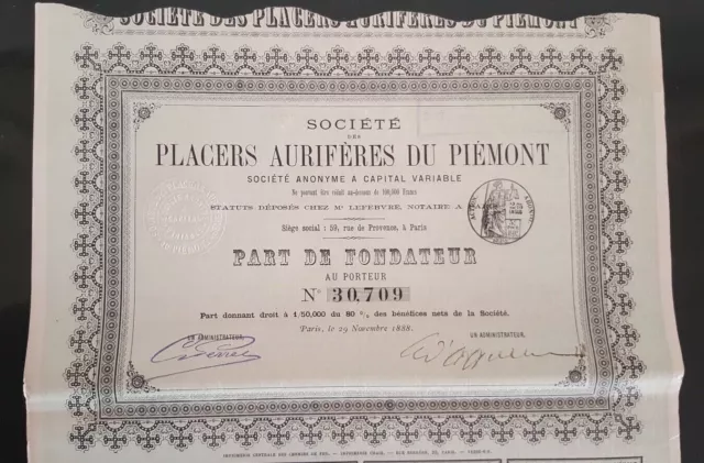 Mines d'Or - Société Placers Aurifères du Piémont - Part de fondateur - 1888