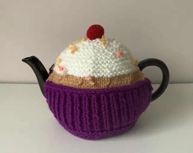 * New* Cupcake Tea Cosy *Hand Knitted* Medium  Purple Sprinkles & Cherry