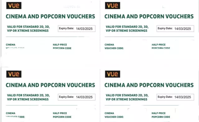 4 x Vue Cinema Tickets and Half Price Popcorn valid until 14 March 2025