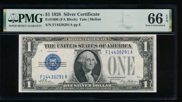 AC 1928 $1 Silver Certificate PMG 66 EPQ F-A block  Fr 1600