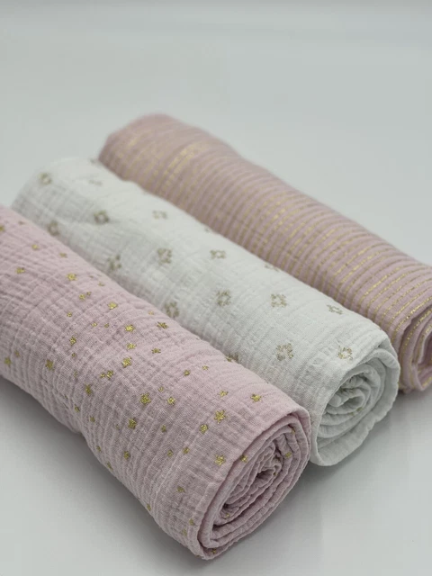 3 aden + anais muslin swaddle blankets dusty rose pink, gold and white EUC