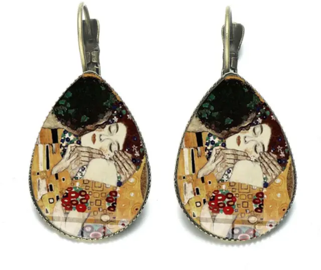 Costume Earrings - Klimt The Kiss Teardrop Glass Dome - New Never Worn.