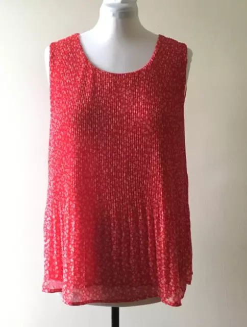 PLEIONE Top XL Red Babydoll Pleat Sleeveless Tank Lined Ditsy Chiffon Blouse