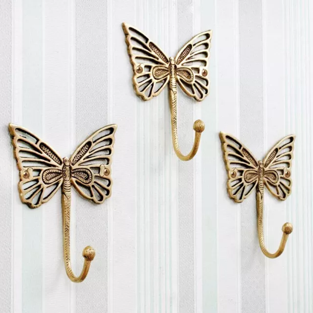 Brass Butterfly Vintage Wall Decor Hooks For Hanging Coats Keys Towel Set Of 3