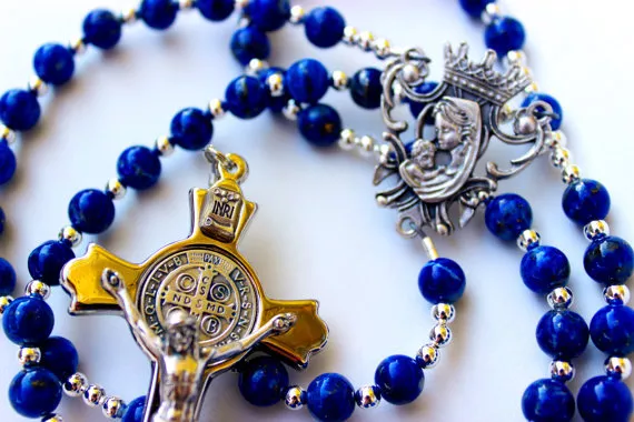 Beautiful & Durable Lapis Lazuli Gemstone Catholic Rosary With Silver Crucifix
