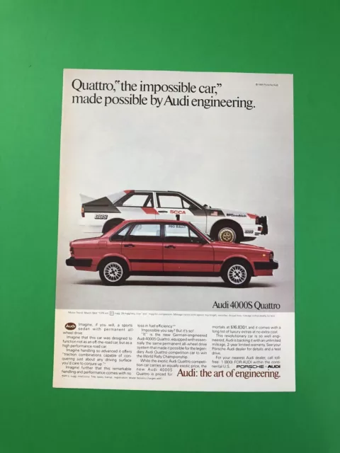 1984 1985 Audi 4000S Quattro Vintage Original Print Ad Advertisement Printed A1