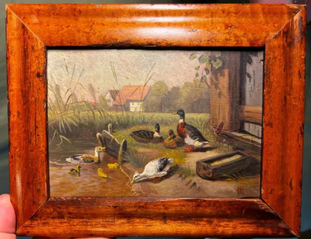 Old Vintage Oil Painting Rural Landscape Ducks Duck Birds Artist Signed Art