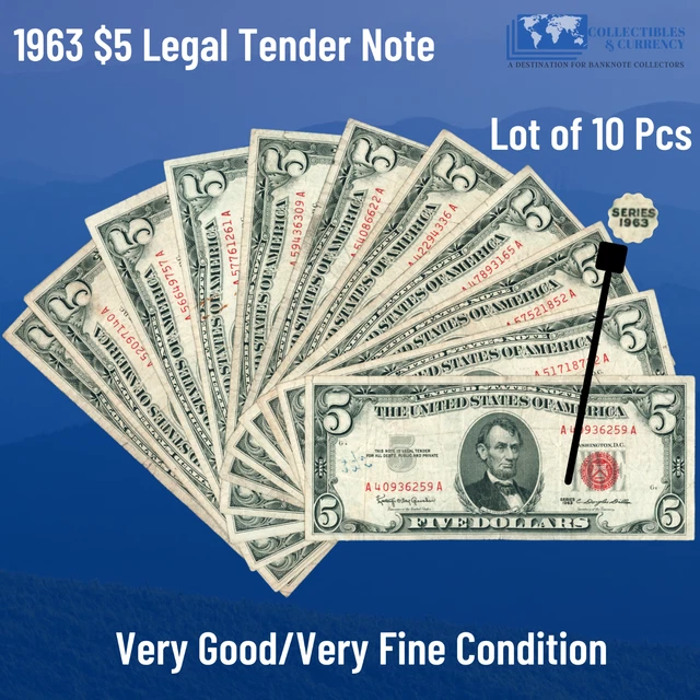 Lot of (10) 1963 Red Seal $5 Legal Tender Notes, VG/VF, Old US FIVE Dollars Bill