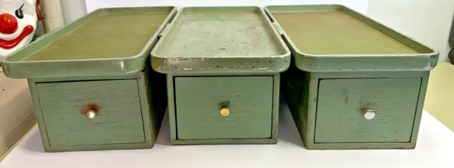 Vintage Wooden & Aluminum Industrial Green Painted Drawer Parts Bin 15” Long