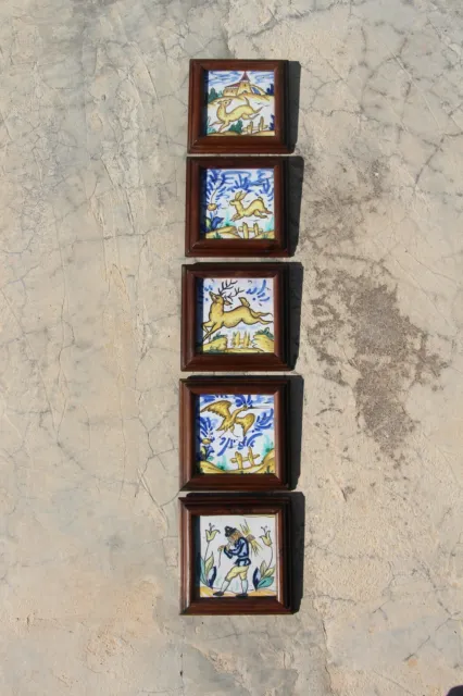Mid-Century Set of Five Spanish Granada Framed Tiles depicting a Dog, Rabbit...