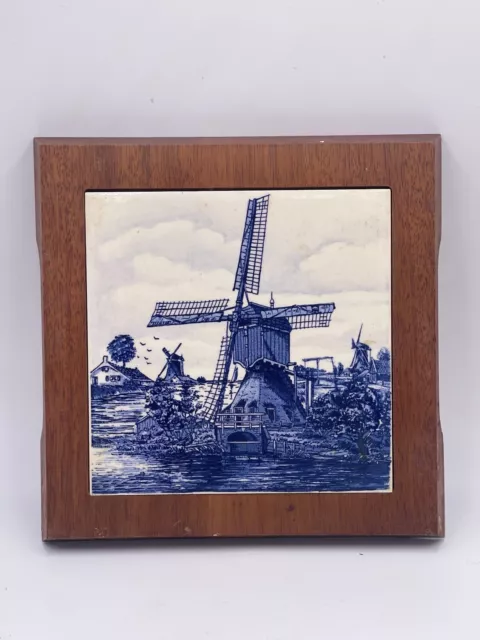 Vintage Dutch Delft Blue and White Windmill Tile Cheese Cutting Board Holland