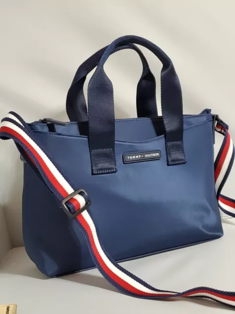 New Tommy Hilfiger satchel handbag convertible crossbody Blue Red & white strap