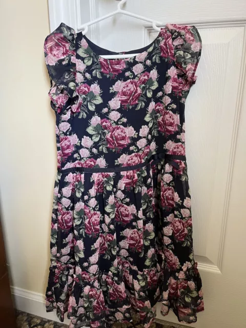 Janie And Jack Girls Dress Short Sleeve Navy Pink Floral Sz 8 Worn Once