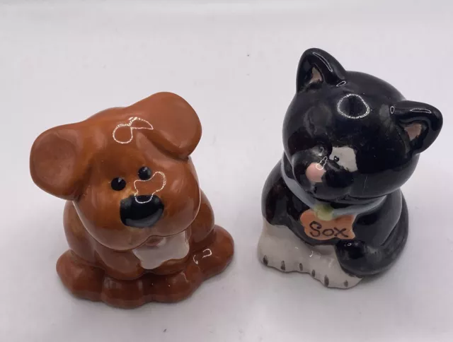 Vintage Art Pottery Ceramic Hand Painted Cat And Dog Figures Kitsch