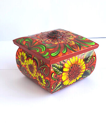 Vintage Soviet hand painted floral wood box Wooden Flowers USSR