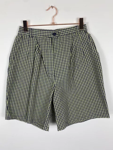 Vintage St Michael Navy Blue Yellow Cream Checked Shorts 1990's Size 10 UK