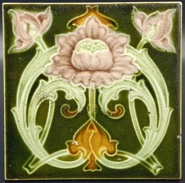 Art Nouveau Fireplace Majolica Tile Floral Design Corn Bros C1900