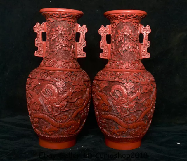 10" Marked Old Chinese Red Lacquerware Dynasty Dragon Flower Bottle Vase Pair