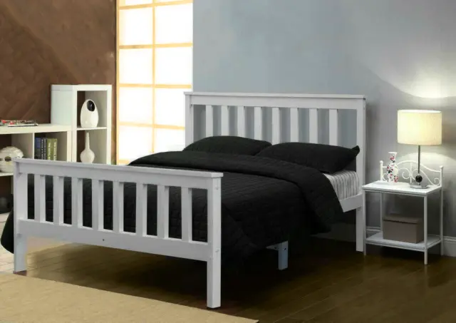 Solid Pine Wood Bed Frame White Wooden Shaker Style Bed with Gel Mattress Option