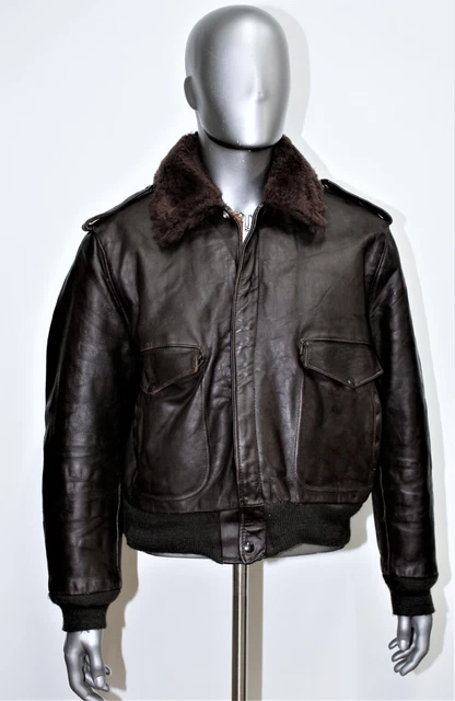 Blouson Aviateur Vintage Fourré A-2 En Cuir Marron Excelled - Taille M, Made In USA Années 80