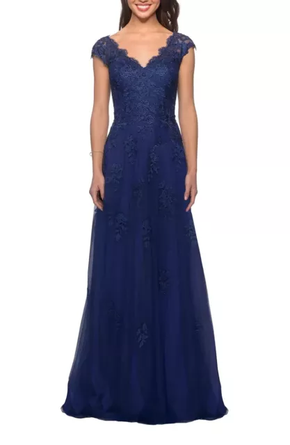 La Femme Marine Blue Embellished Tulle & Lace A-Line Gown Size 20 $599