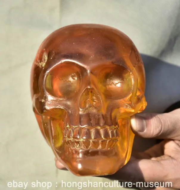 5.6" Old Chinese Yellow Amber Carving Feng Shui Human Skeleton Skull Head Statue