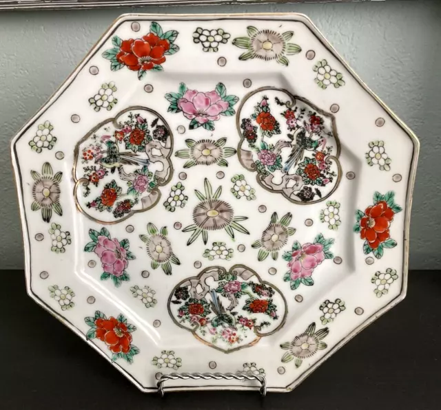 Chinese Export Porcelain Plate Octagon Famille Rose Medallion Footed Antique