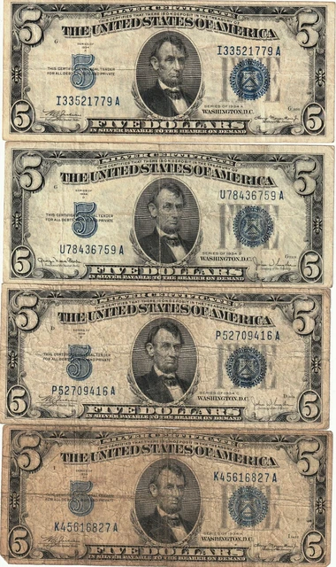 1934 Blue Seal $5 Silver Certificate lot of 4 Circulated Series A C D