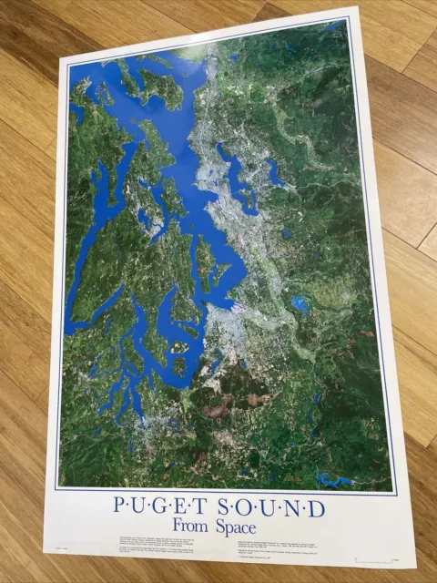 Puget Sound  From Space 1987 Satellite Image Map Poster Seattle Wa Vintage