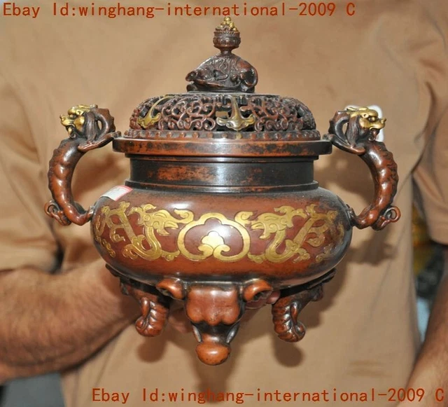 China Buddhism temple purple bronze Gilt animal elephant Incense burner Censer