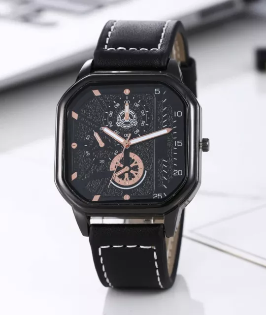 Herren Quadratisches Gesicht Mode Uhr mit Lederarmband Schwarz Gold Quarz UK KOSTENLOSER VERSAND