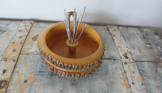 Vintage Wooden Bark Nut Cracker Set 9" Bowl W/ Nutcracker & 6 Picks Rustic