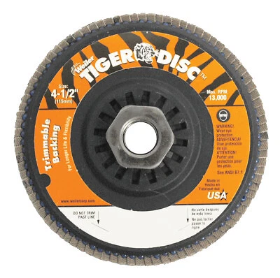 Trimmable Tiger Flap Discs, 4 1/2 In, 60 Grit, 5/8 Arbor, 13,000 Rpm Weiler
