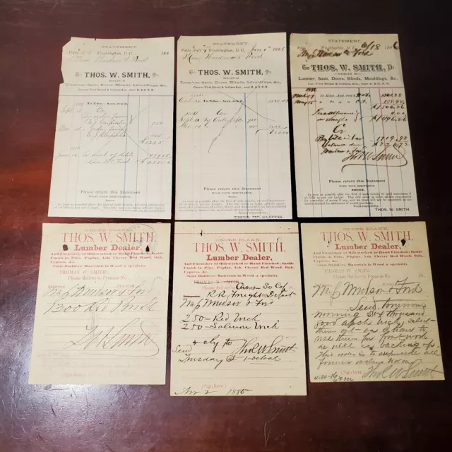6 Antique 1886 Wood Materials Receipts from Thomas W. Smith Washington DC