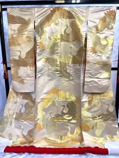 Japanese silk White Uchikake Wedding Kimono Luxurious Gold leaf Vintage Rare