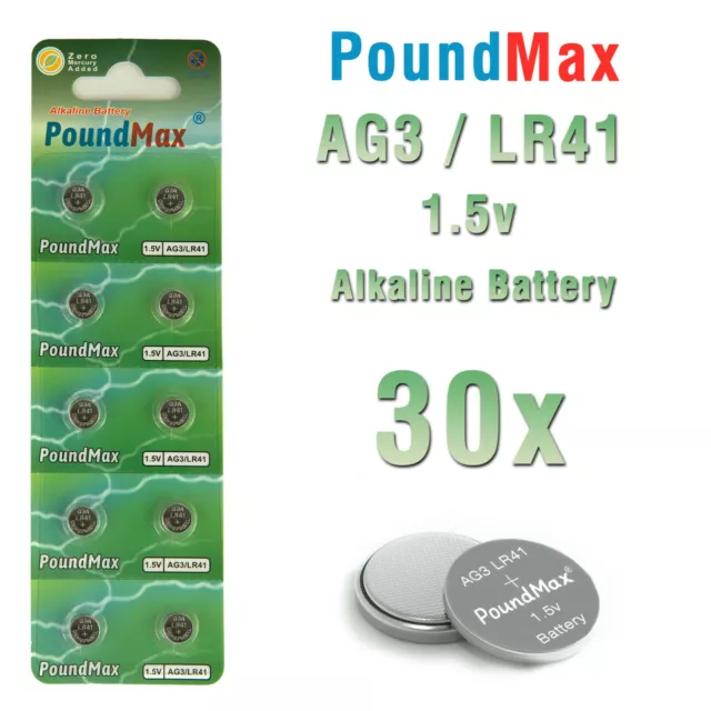 30x PoundMax AG3 Knopfzelle Knopfbatterie LR41 SR41 392 G3 SR41W GP92A MHD 2025