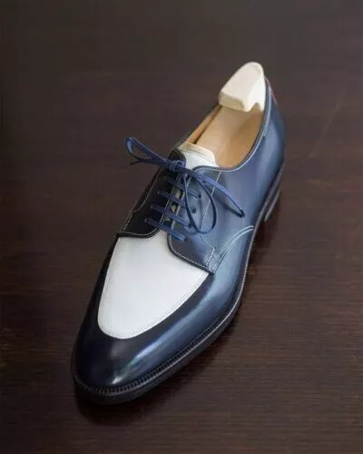 Handmade Men,s Two Tone Blue & White leather Dress Loafers, Formal Dress Shoes