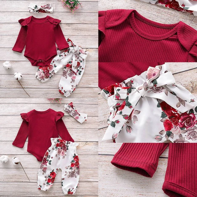 Abiti floreali neonate neonate tutina con romper tuta + pantaloni + set fascia 3