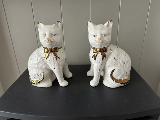 Rare Superb Pair of Antique Victorian Staffordshire Mantle Cats White & Gold