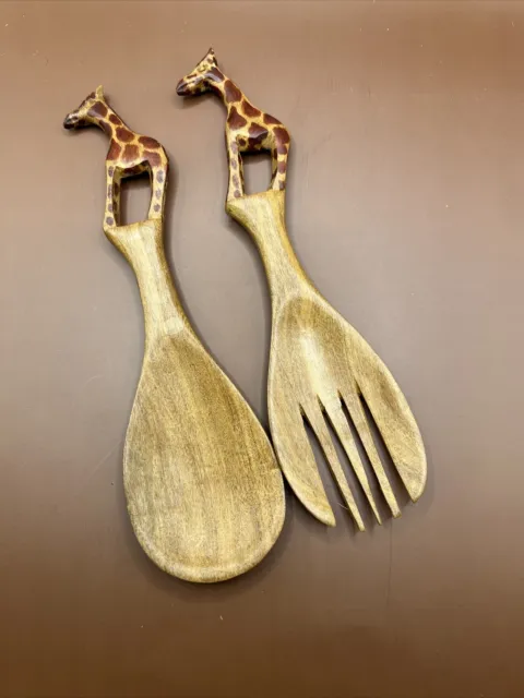 2 Giraffe Hand Carved Wood Wooden Salad Servers Tongs  Fork and Spoon African