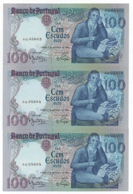 Portugal 3 X 100 Escudos 1980 Pick 178 A Running Numbers Unc