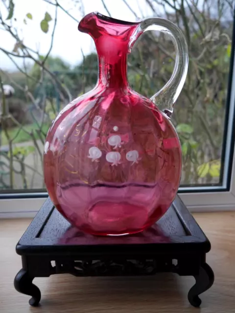 Cranberry pink glass vintage Victorian antique jug jug with applied flowers