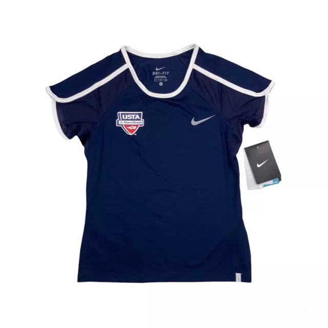 NIKE Girls Tennis Shirt Sz SMALL DRI-FIT Training Top Blue USTA Jr Team Jersey