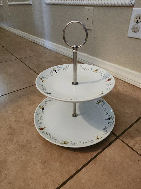 Pottery Barn Reindeer 2 two tier dessert tea sandwich stand plate tray dish