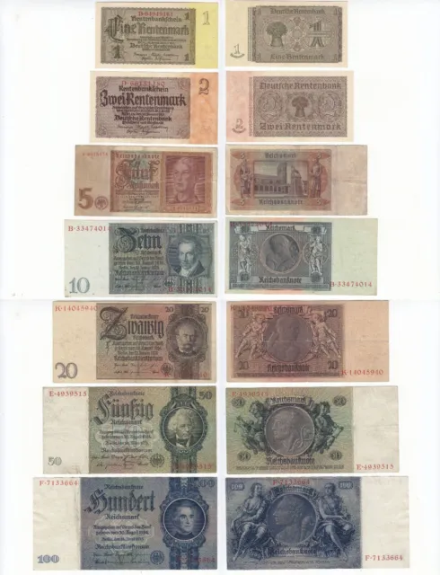 3.Reich Banknotenlot in den Werten von 1, 2, 5, 10, 20, 50+100 Reichsmark D*9161